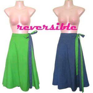 1970s vintage reversible denim green midi wrap skirt size medium